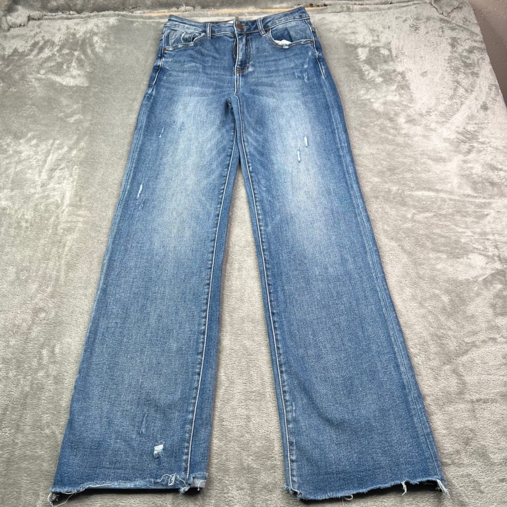 Risen Wide Leg Jeans Womens 7/28 Medium Wash Distressed Stretch Raw Hem Denim